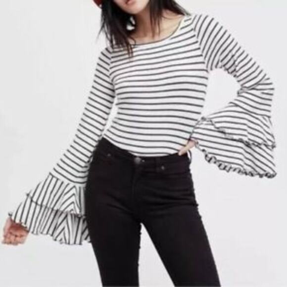 We The Free / Free People Good Find Striped Bell Sleeve Lettuce Hem Blouse XS - Picture 1 of 7